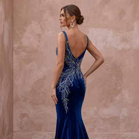 Sapphire Blue Velvet Sweetheart Neckline Mermaid Evening Gown - Apparel & Accessories > Clothing > Wedding & Bridal Party Dresses > Wedding Dresses - Mignonette Bridal