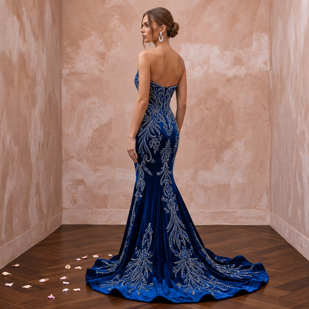 Sapphire Blue Velvet Sweetheart Neckline Mermaid Evening Gown