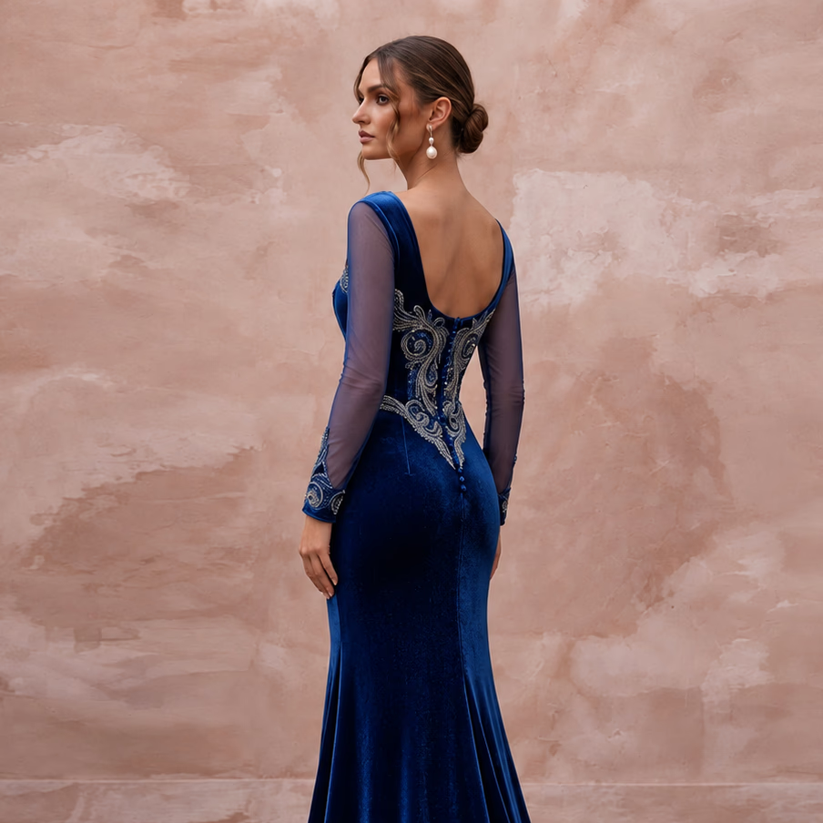 Sapphire Blue Velvet Sweetheart Neckline Mermaid Evening Gown