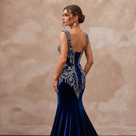Sapphire Blue Velvet Sweetheart Neckline Mermaid Evening Gown