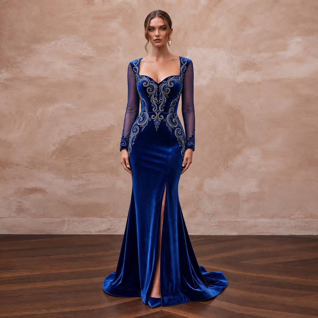 Sapphire Blue Velvet Sweetheart Neckline Mermaid Evening Gown