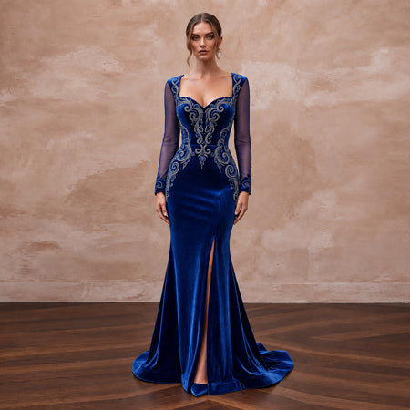 Sapphire Blue Velvet Sweetheart Neckline Mermaid Evening Gown