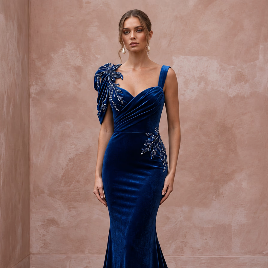 Sapphire Blue Velvet Sweetheart Neckline Mermaid Evening Gown