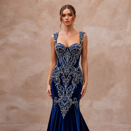 Sapphire Blue Velvet Sweetheart Neckline Mermaid Evening Gown