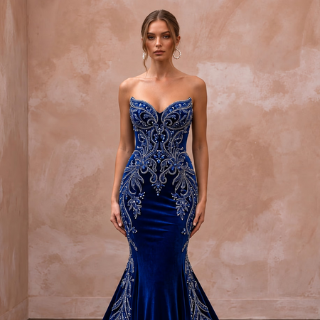 Sapphire Blue Velvet Sweetheart Neckline Mermaid Evening Gown
