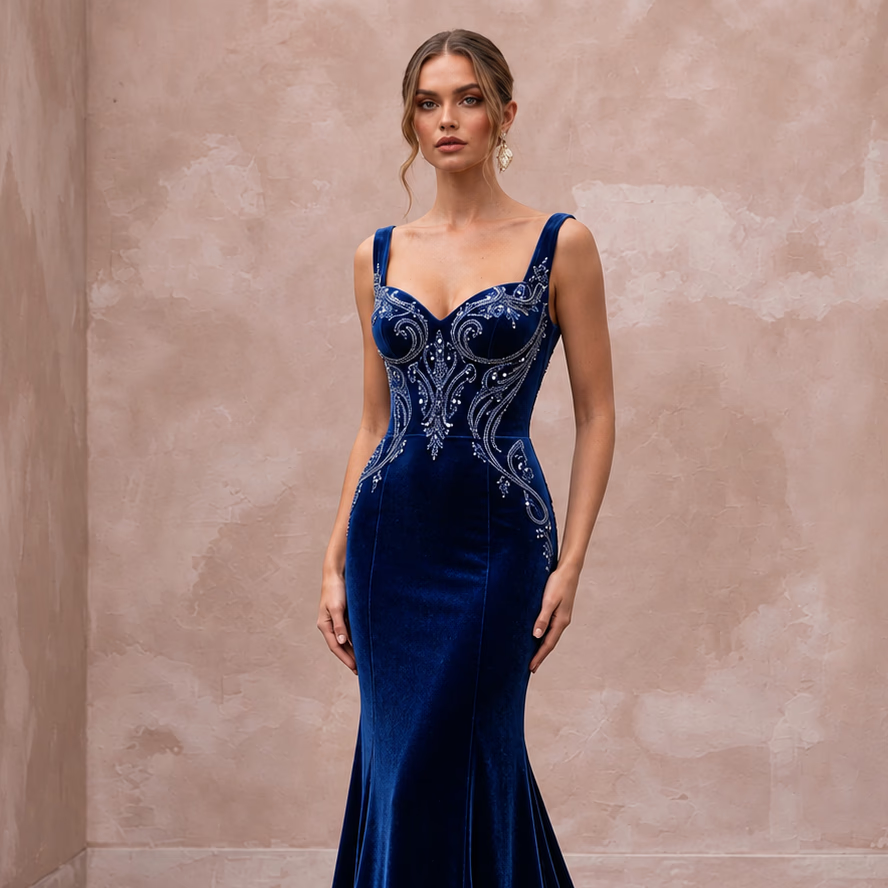 Sapphire Blue Velvet Sweetheart Neckline Mermaid Evening Gown