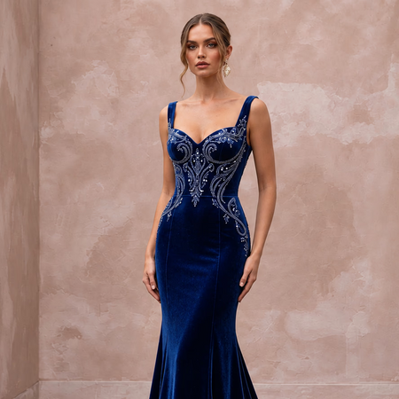 Sapphire Blue Velvet Sweetheart Neckline Mermaid Evening Gown