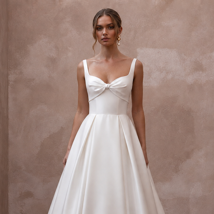 Satin-Faced Off-White Organza Minimalist Ball Gown for Courthouse