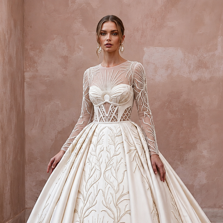 Satin Ball Gown Wedding Dresses with Cathedral Trains