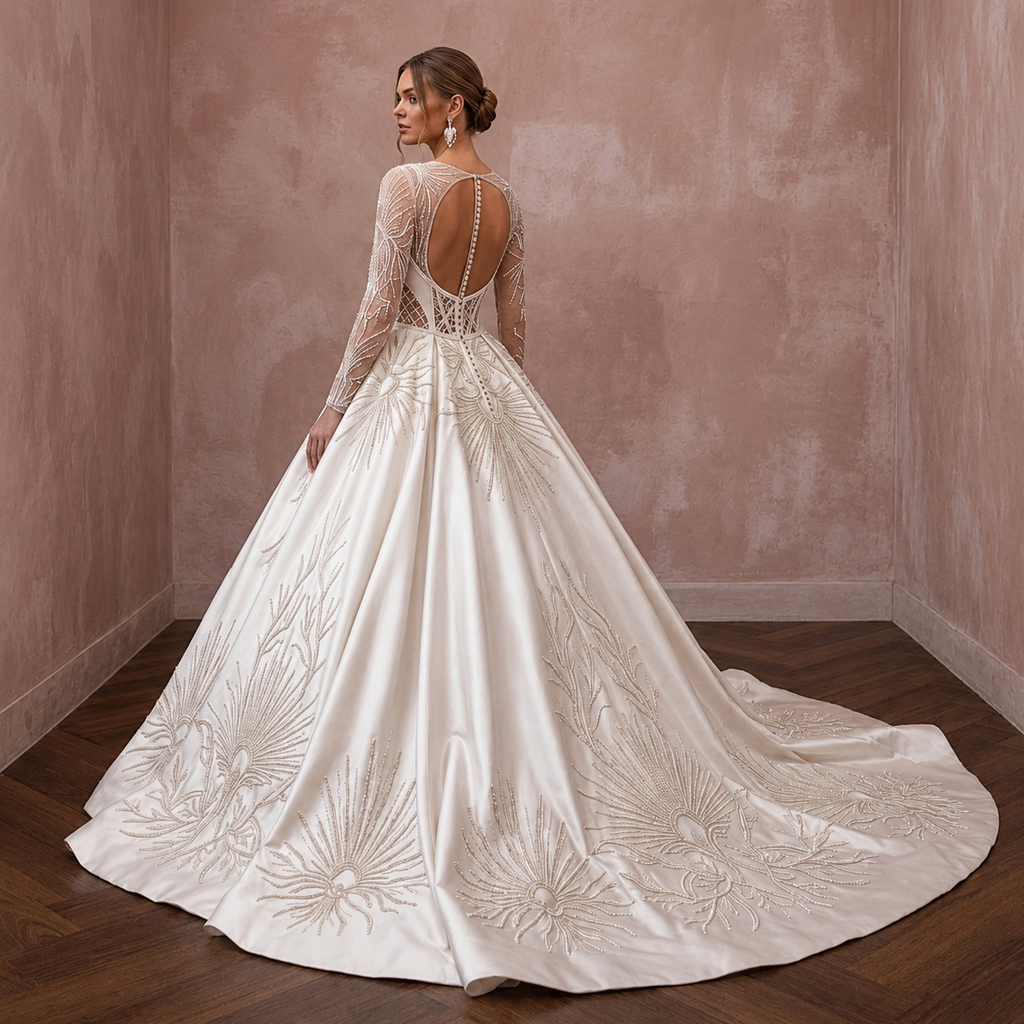 Satin Ball Gown Wedding Dresses with Cathedral Trains
