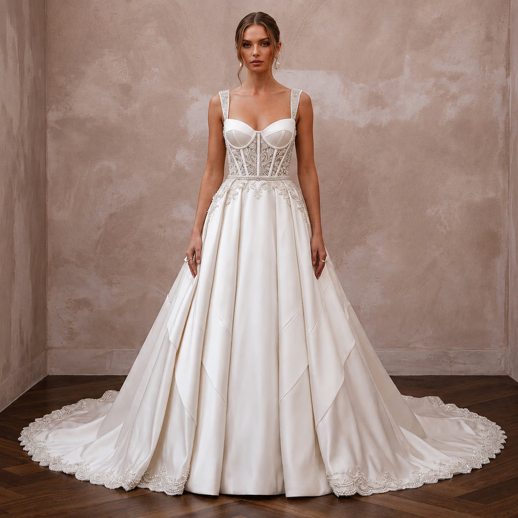 Satin Bridal Gown with Corset Bodice for a Black-Tie Ceremony