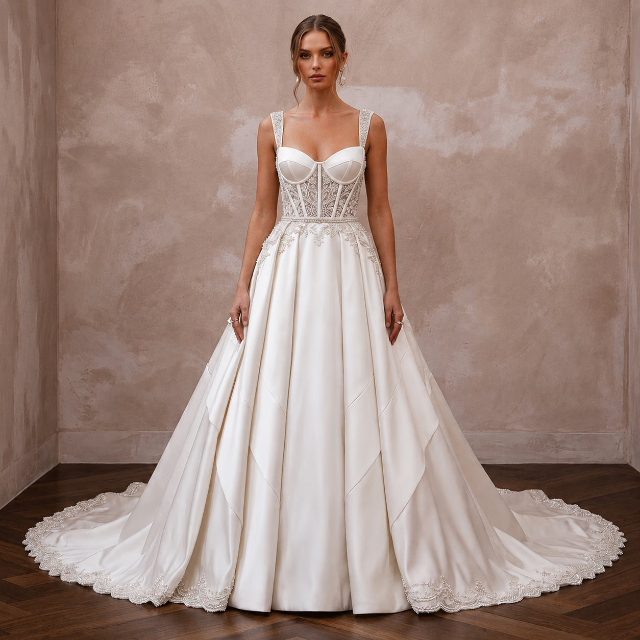 Satin Bridal Gown with Corset Bodice for a Black-Tie Ceremony