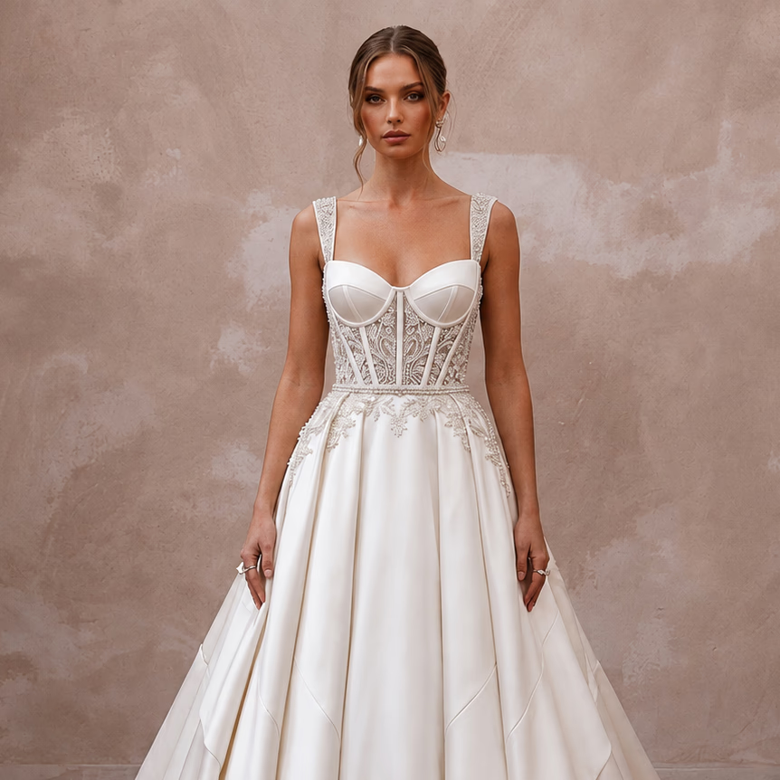 Satin Bridal Gown with Corset Bodice for a Black-Tie Ceremony