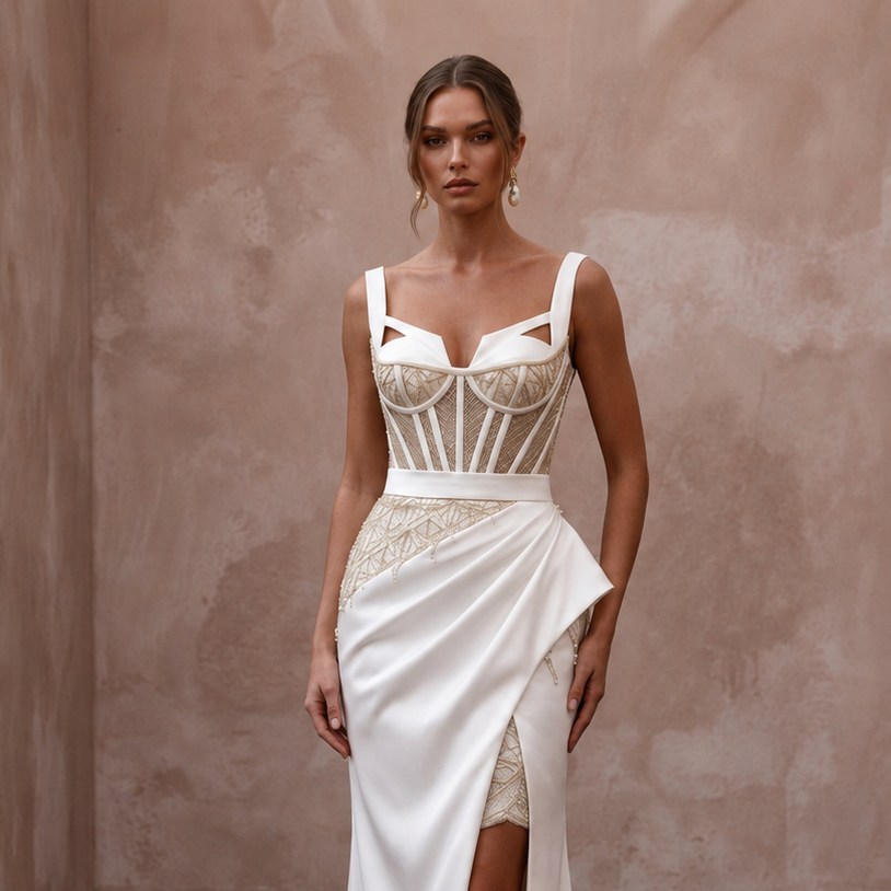 Satin Bridal Reception Dress with Corset Bodice - Apparel & Accessories > Clothing > Wedding & Bridal Party Dresses > Wedding Dresses - Mignonette Bridal