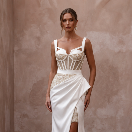 Satin Bridal Reception Dress with Corset Bodice - Apparel & Accessories > Clothing > Wedding & Bridal Party Dresses > Wedding Dresses - Mignonette Bridal