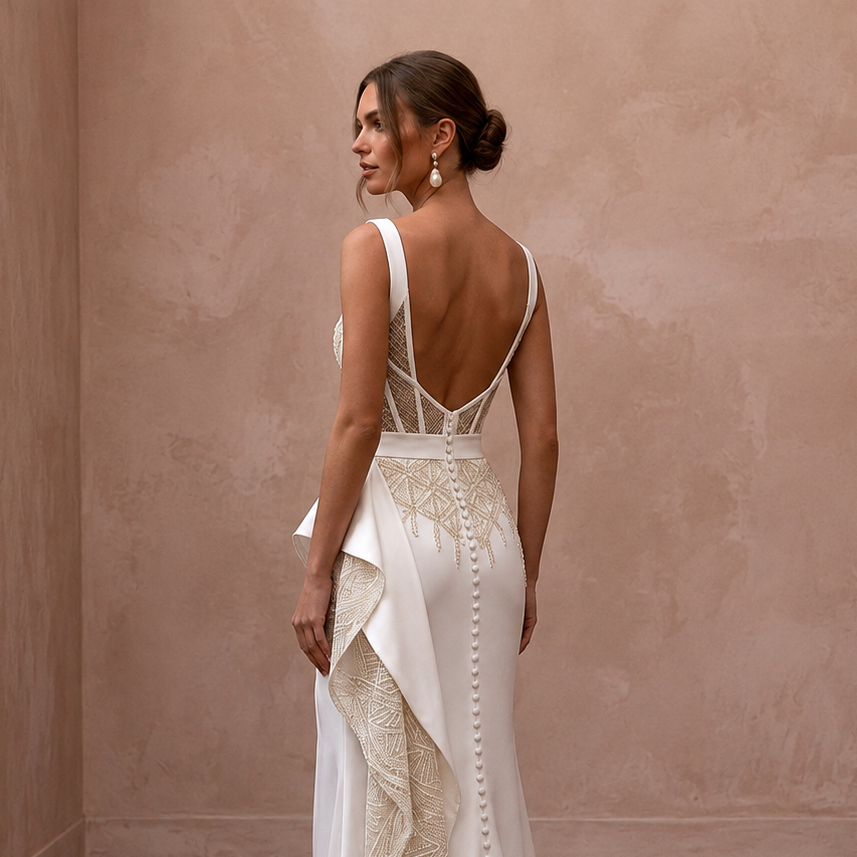 Satin Bridal Reception Dress with Corset Bodice - Apparel & Accessories > Clothing > Wedding & Bridal Party Dresses > Wedding Dresses - Mignonette Bridal