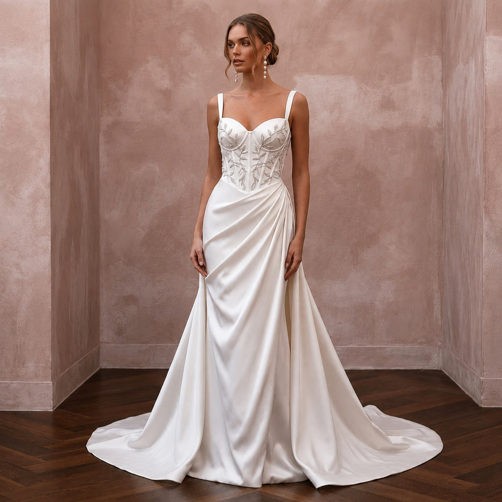 Satin Wedding Dress with Corset Bodice for a Vineyard Ceremony