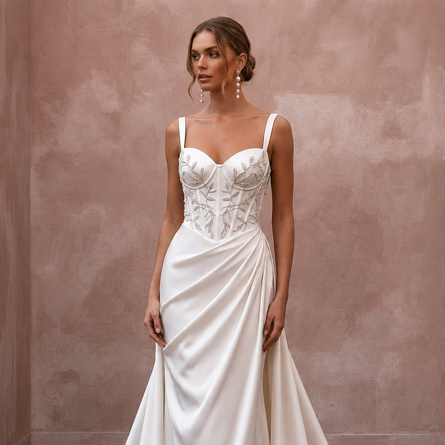 Satin Wedding Dress with Corset Bodice for a Vineyard Ceremony