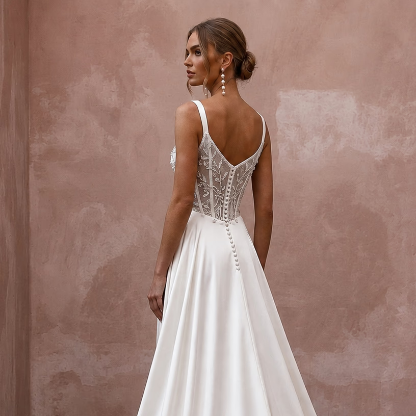 Satin Wedding Dress with Corset Bodice for a Vineyard Ceremony