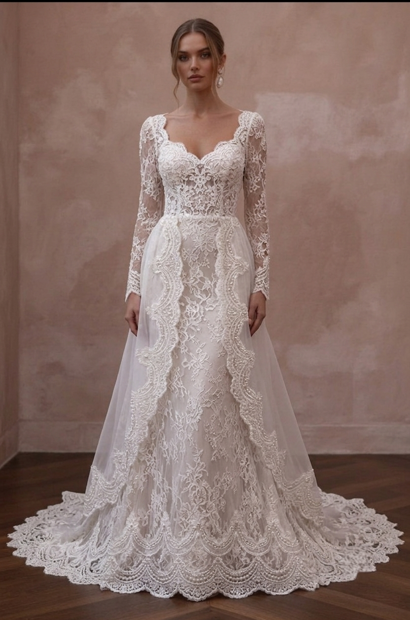 Scalloped Lace Wedding Dresses with Romantic Hemlines Main image