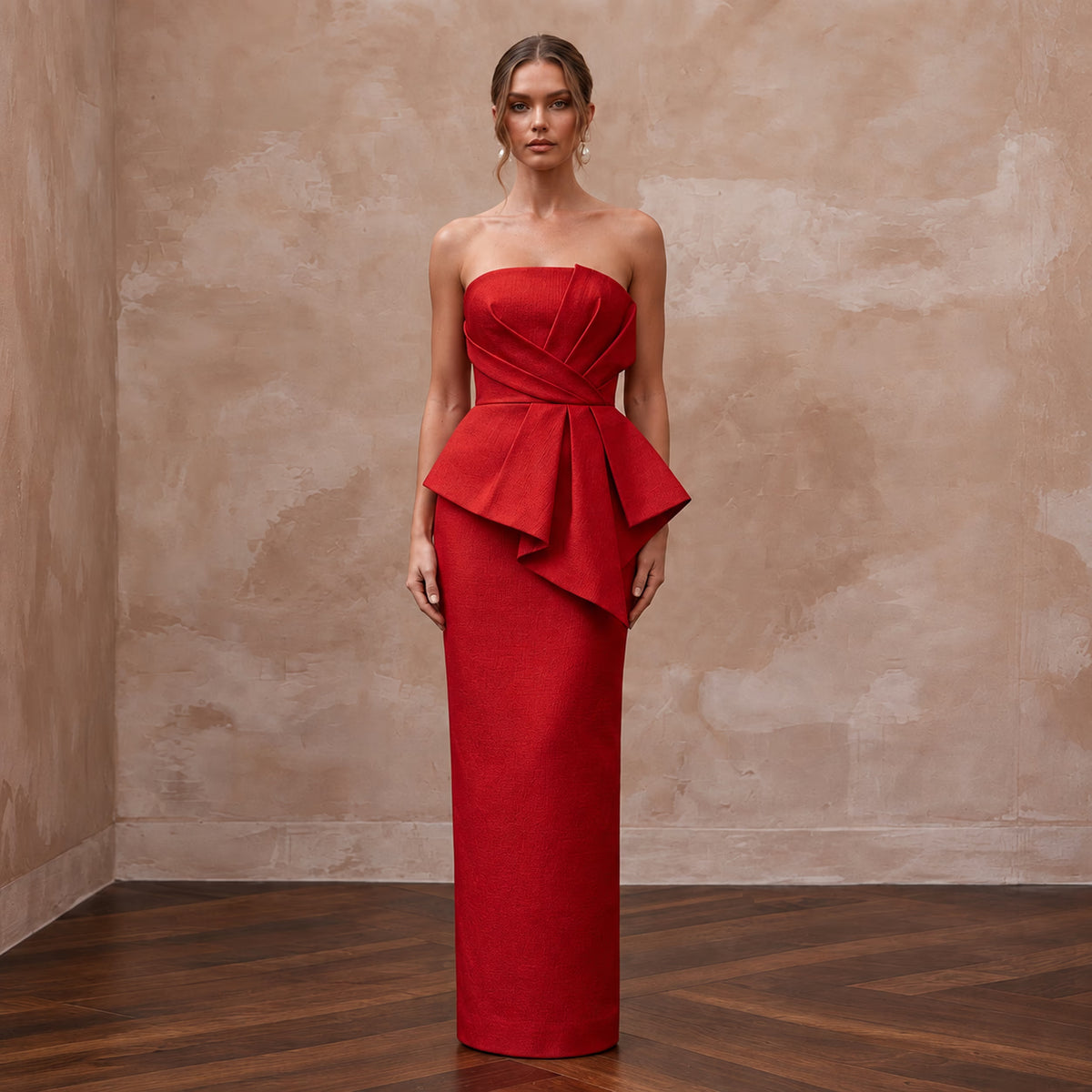 Scarlet Red Architectural Faille Strapless Column Formal Dress