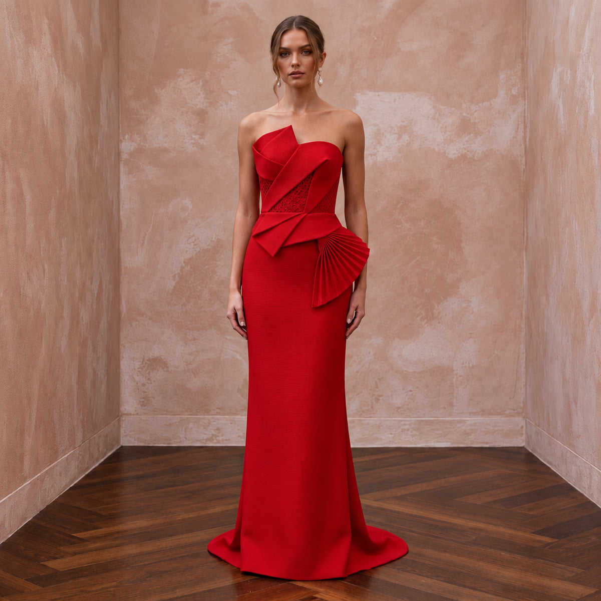 Scarlet Red Architectural Faille Strapless Column Formal Dress Main image
