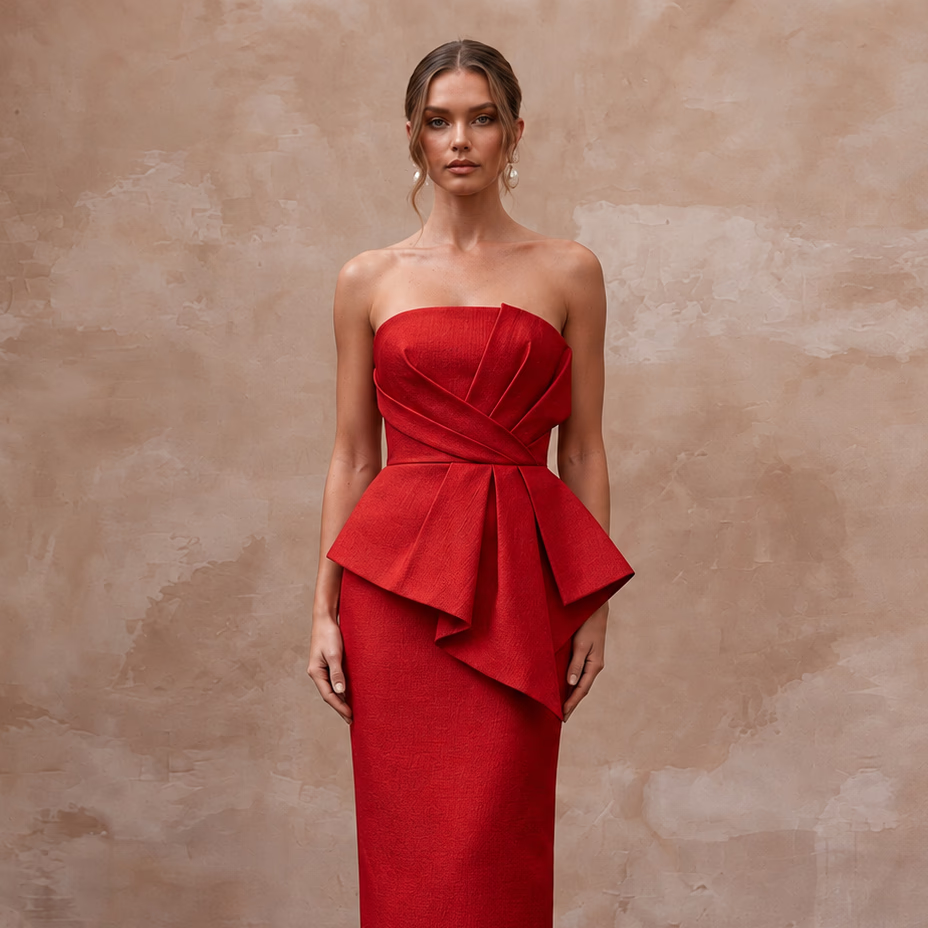 Scarlet Red Architectural Faille Strapless Column Formal Dress