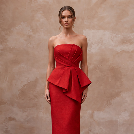 Scarlet Red Architectural Faille Strapless Column Formal Dress
