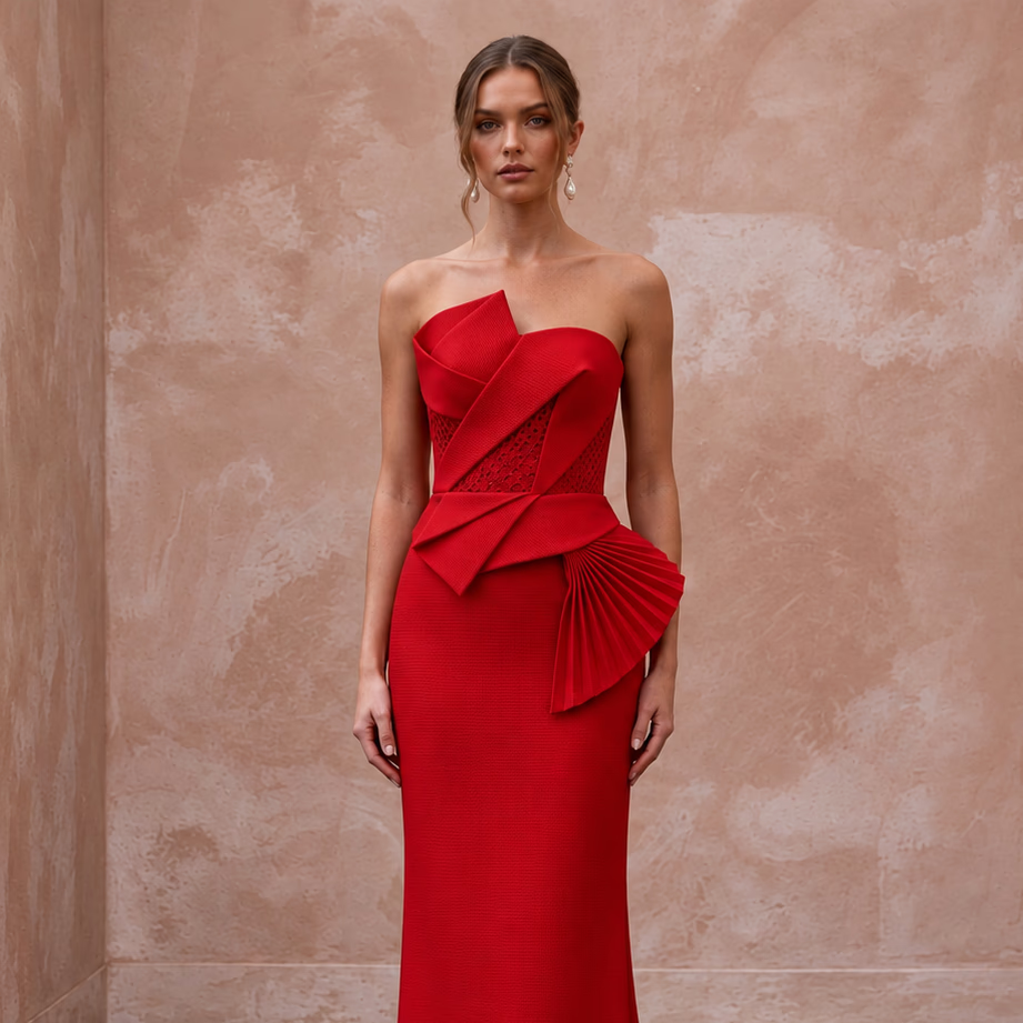 Scarlet Red Architectural Faille Strapless Column Formal Dress