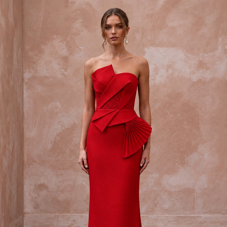 Scarlet Red Architectural Faille Strapless Column Formal Dress