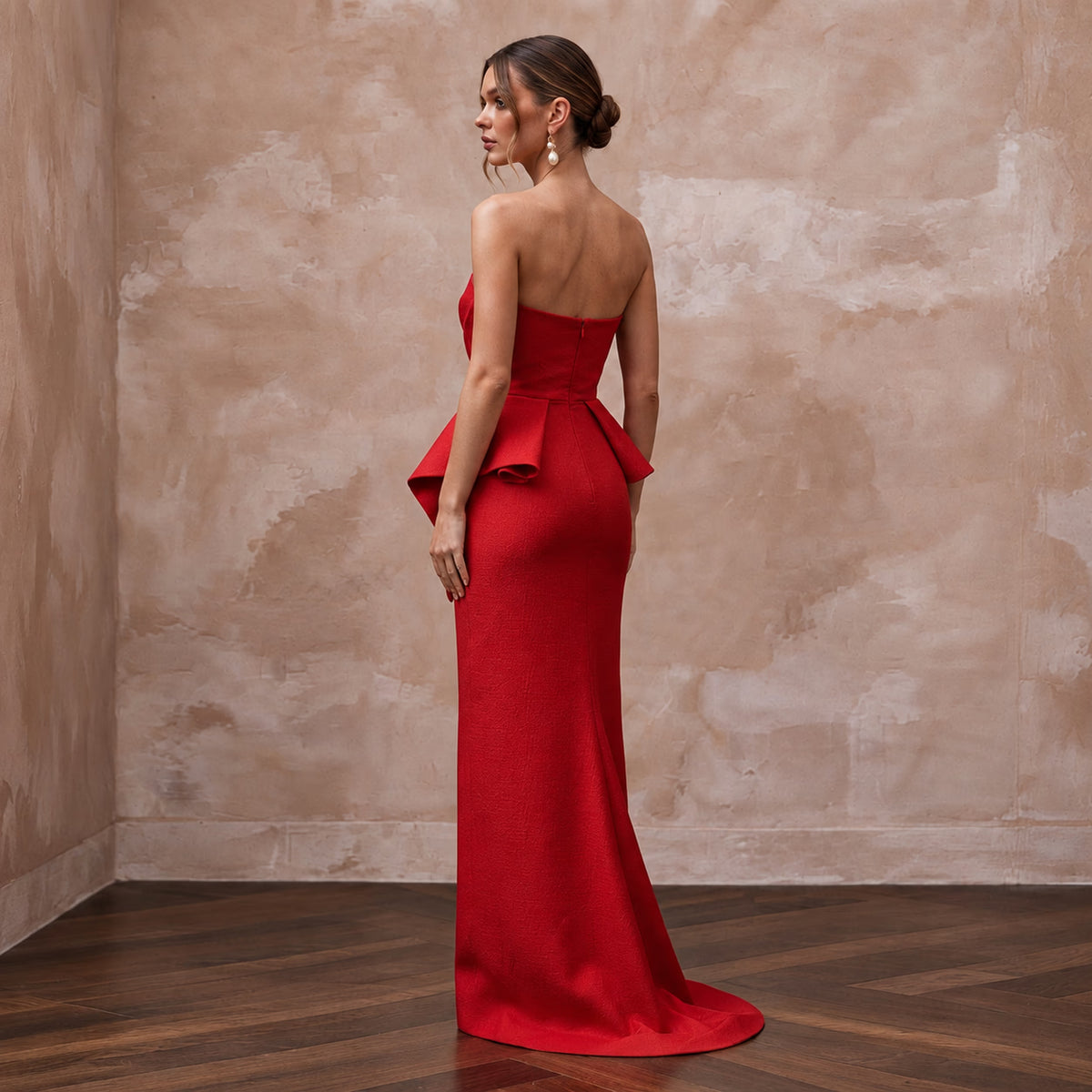 Scarlet Red Architectural Faille Strapless Column Formal Dress