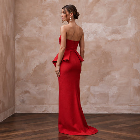 Scarlet Red Architectural Faille Strapless Column Formal Dress