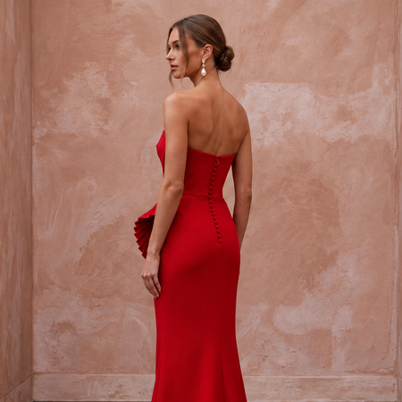 Scarlet Red Architectural Faille Strapless Column Formal Dress