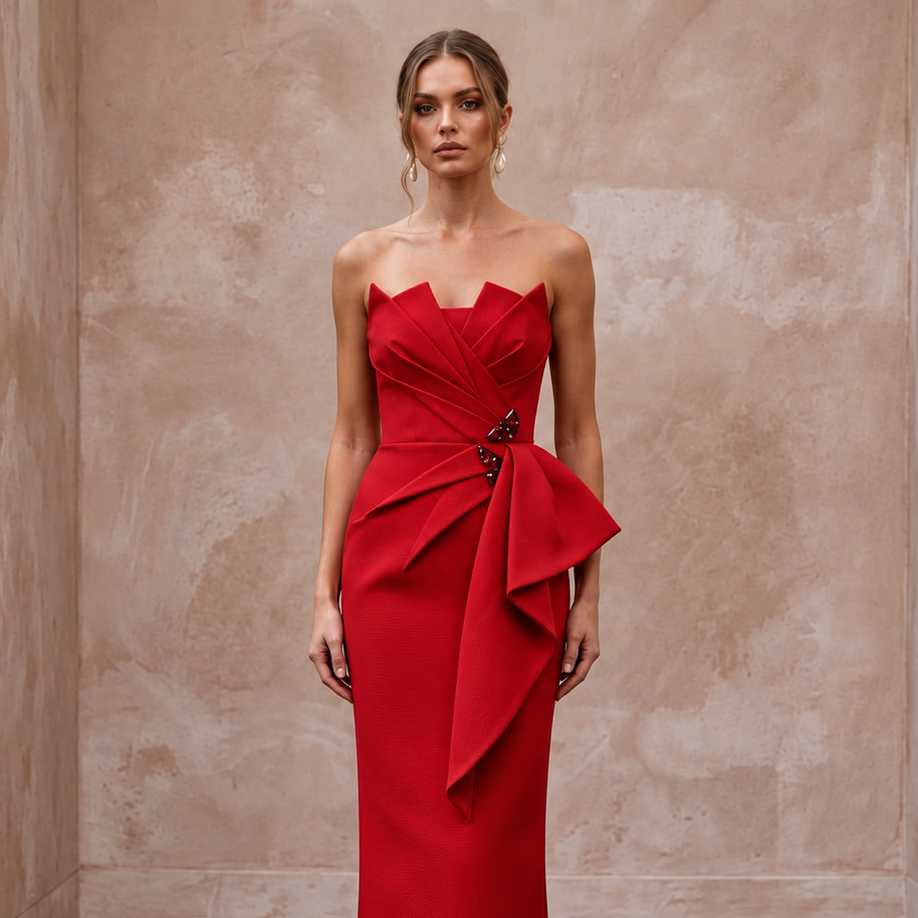 Scarlet Red Architectural Faille Strapless Column Formal Gown