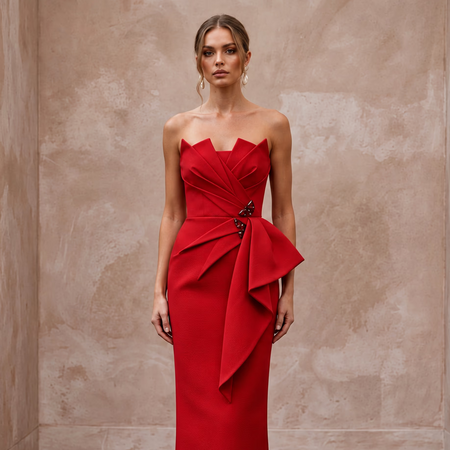 Scarlet Red Architectural Faille Strapless Column Formal Gown