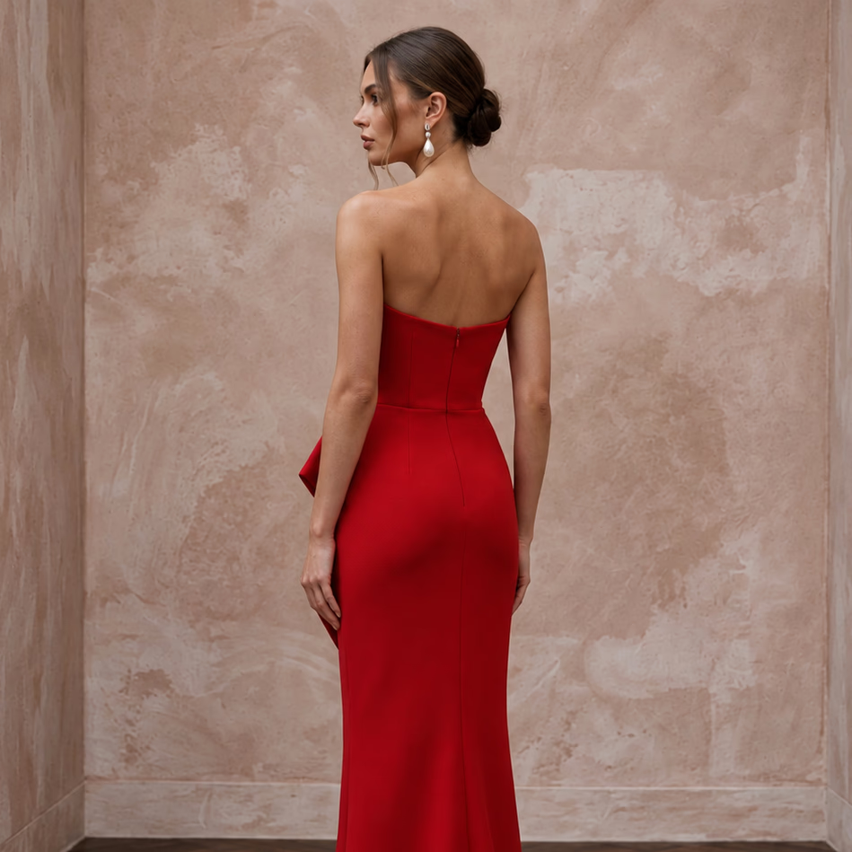 Scarlet Red Architectural Faille Strapless Column Formal Gown