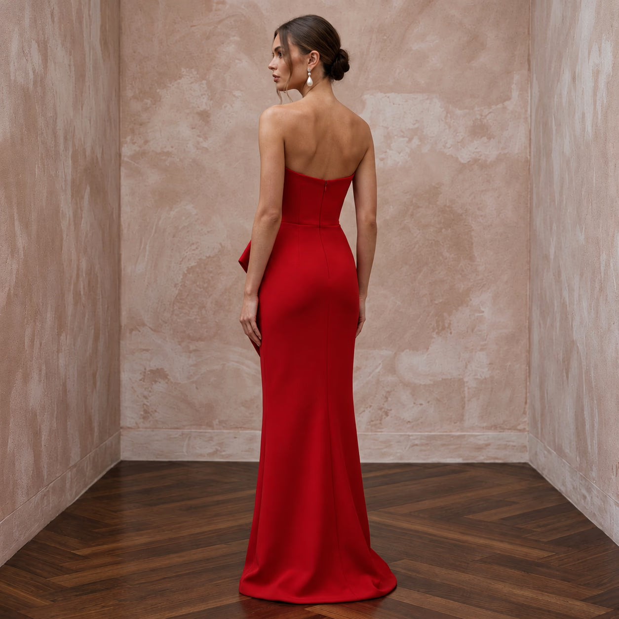 Scarlet Red Architectural Faille Strapless Column Formal Gown Secondary image