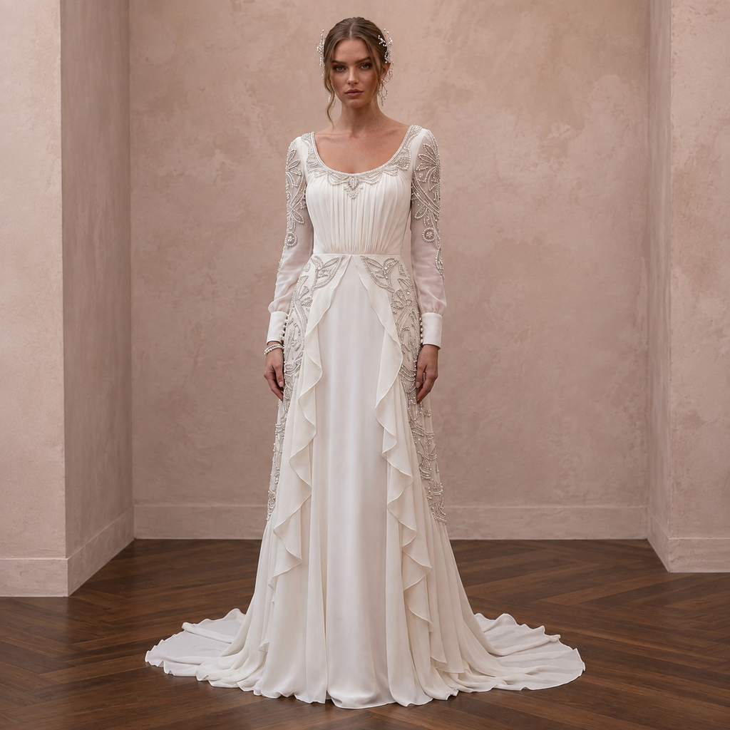 Scoop Neck Chiffon Wedding Dress with Long Sleeves - Apparel & Accessories > Clothing > Wedding & Bridal Party Dresses > Wedding Dresses - Mignonette Bridal