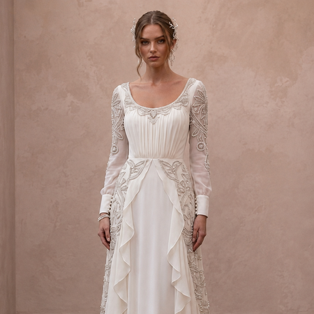 Scoop Neck Chiffon Wedding Dress with Long Sleeves - Apparel & Accessories > Clothing > Wedding & Bridal Party Dresses > Wedding Dresses - Mignonette Bridal