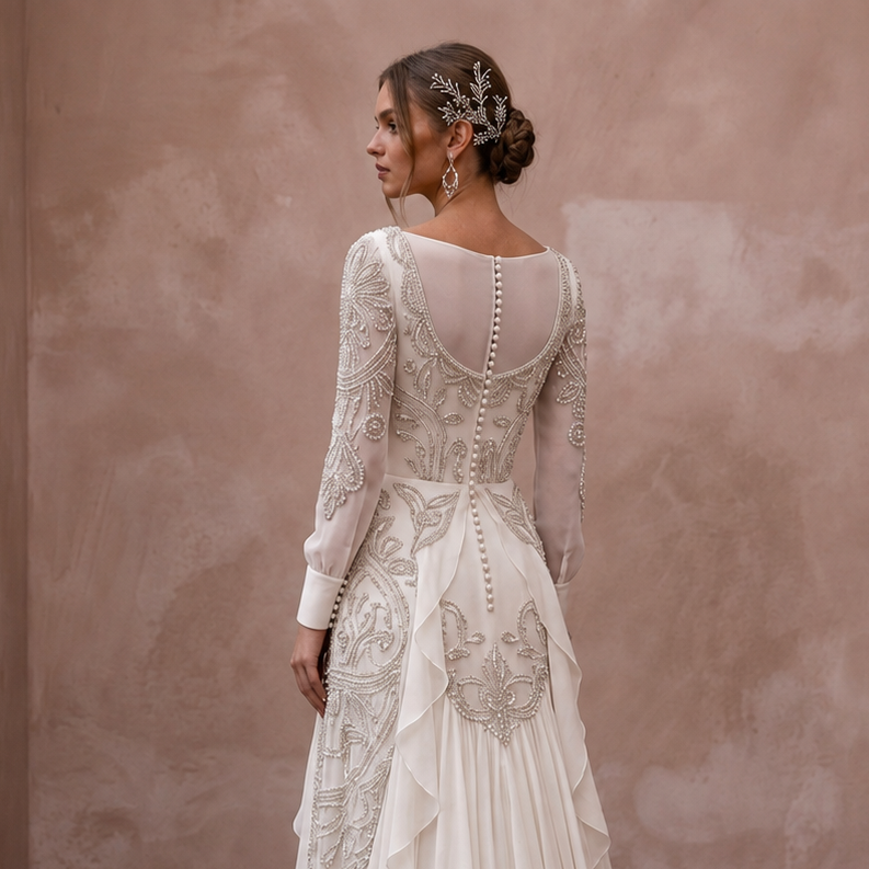 Scoop Neck Chiffon Wedding Dress with Long Sleeves - Apparel & Accessories > Clothing > Wedding & Bridal Party Dresses > Wedding Dresses - Mignonette Bridal