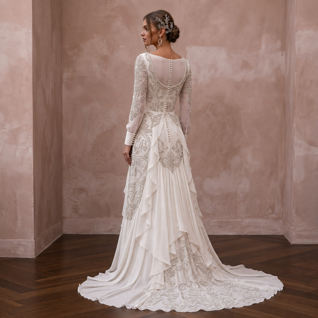 Scoop Neck Chiffon Wedding Dress with Long Sleeves - Apparel & Accessories > Clothing > Wedding & Bridal Party Dresses > Wedding Dresses - Mignonette Bridal