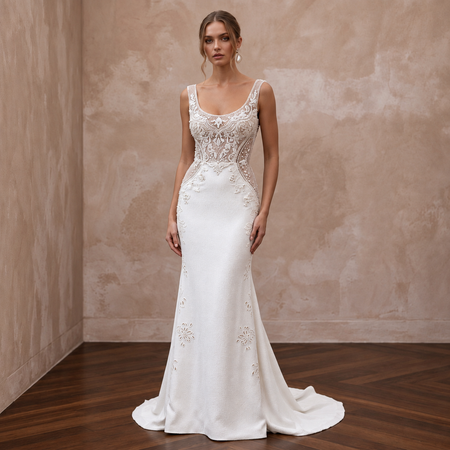 Elegant scoop neck lace wedding dress featuring intricate beading, perfect for a vintage ceremony.