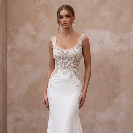 Elegant scoop neck lace wedding dress with intricate beadwork, perfect for a vintage ceremony. Timeless and refined design.