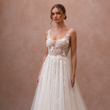 Scoop Neck Tulle Wedding Gown for a Garden Wedding - Apparel & Accessories > Clothing > Wedding & Bridal Party Dresses > Wedding Dresses - Mignonette Bridal