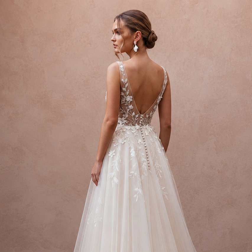 Scoop Neck Tulle Wedding Gown for a Garden Wedding - Apparel & Accessories > Clothing > Wedding & Bridal Party Dresses > Wedding Dresses - Mignonette Bridal