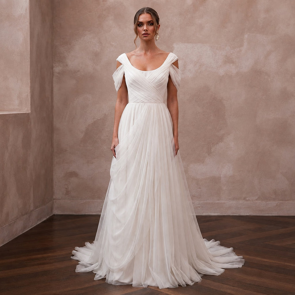 Scoop Neck Wedding Dresses with Romantic Draping - Apparel & Accessories > Clothing > Wedding & Bridal Party Dresses > Wedding Dresses - Mignonette Bridal