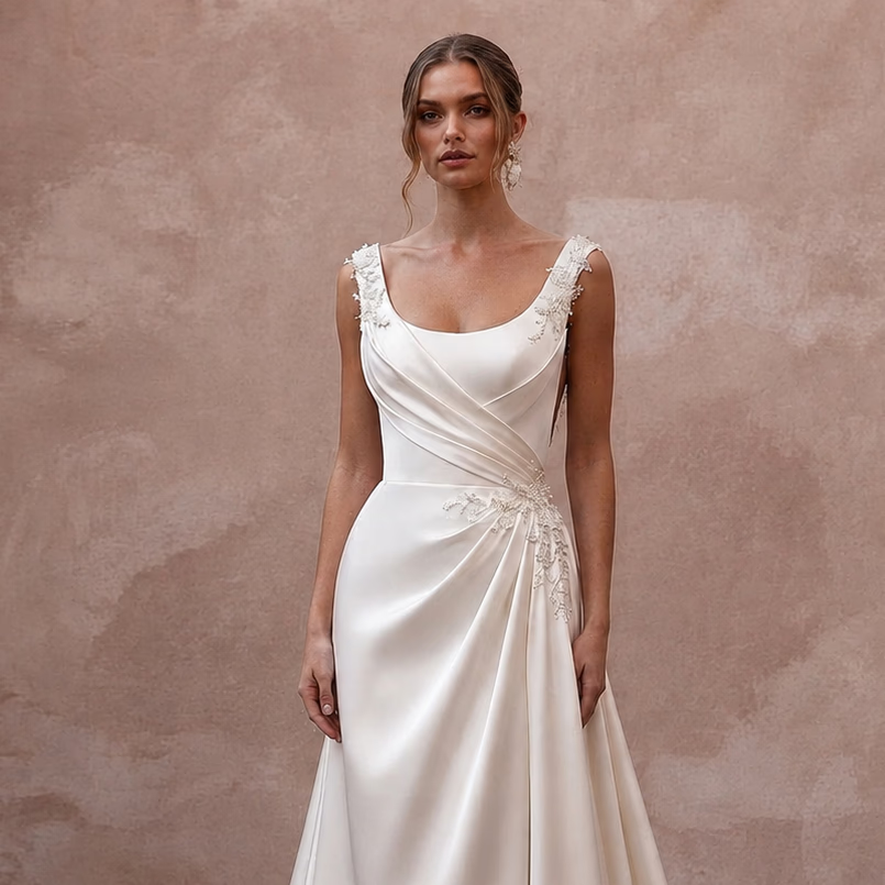 Scoop Neck Wedding Dresses with Romantic Satin Draping - Apparel & Accessories > Clothing > Wedding & Bridal Party Dresses > Wedding Dresses - Mignonette Bridal