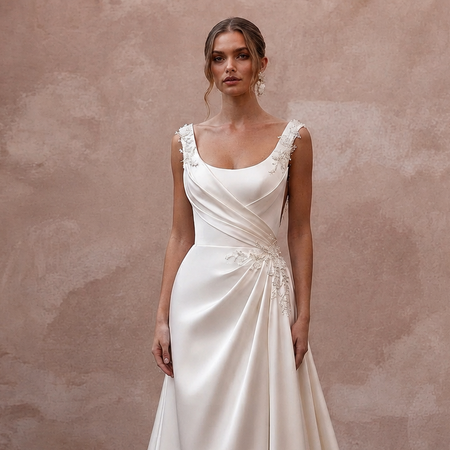 Scoop Neck Wedding Dresses with Romantic Satin Draping