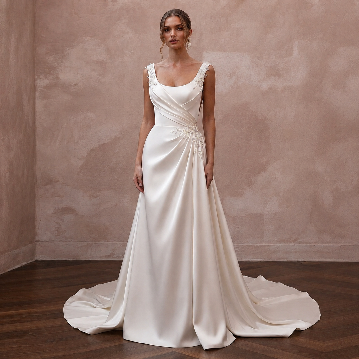 Scoop Neck Wedding Dresses with Romantic Satin Draping Main image