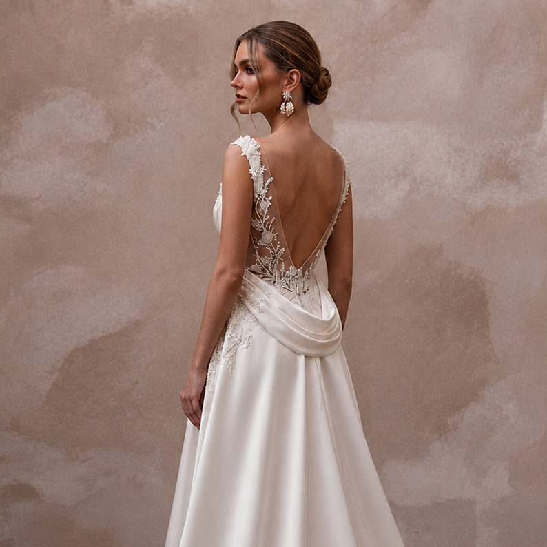 Scoop Neck Wedding Dresses with Romantic Satin Draping
